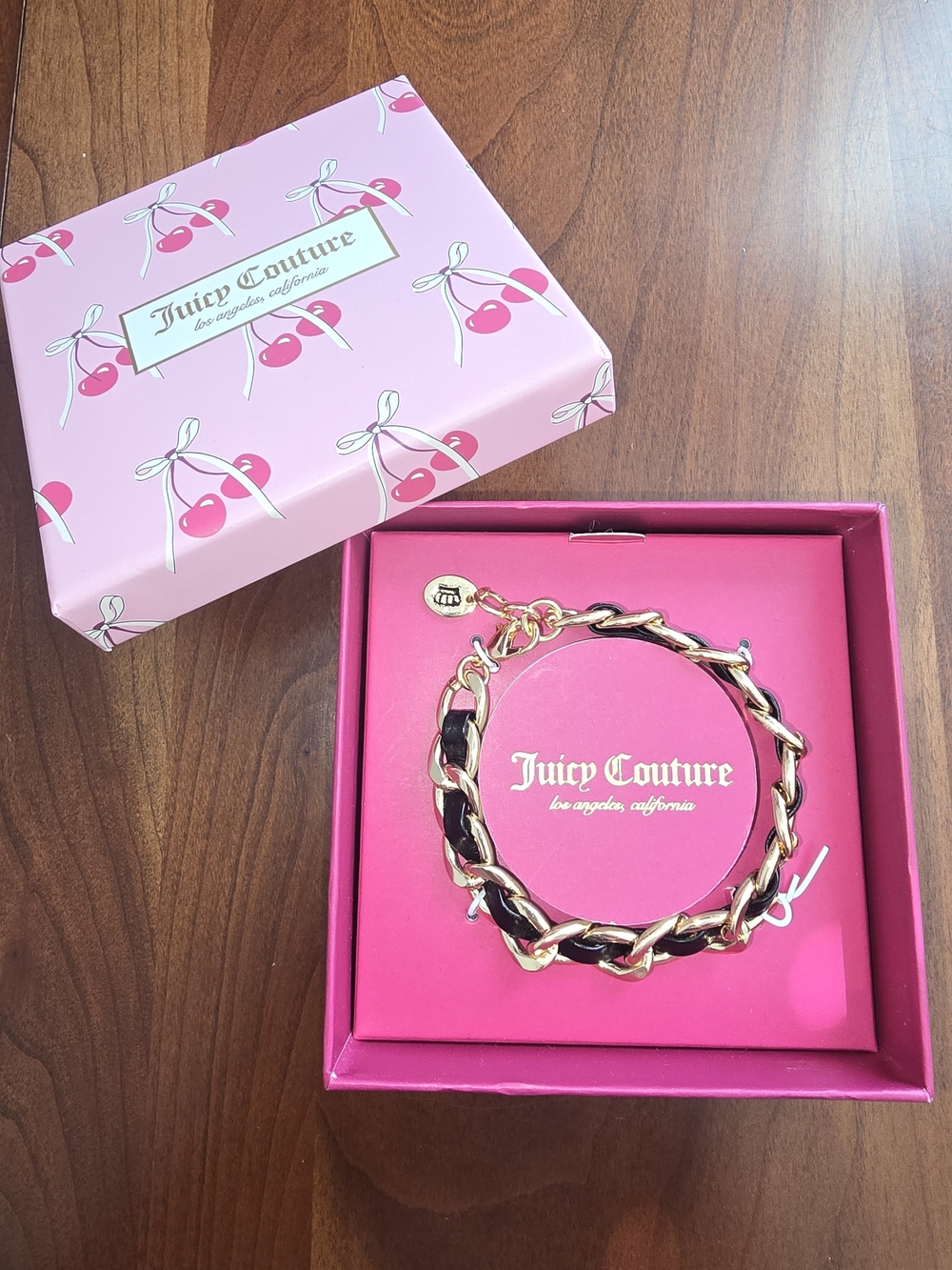 🔥 Juicy Couture NIB Gold & Black Chain Link Bracelet with Leather-Like Weave